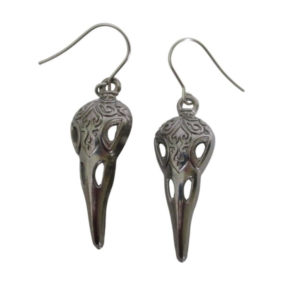 New Raven Skull Dangle Pierced Earrings on Stainless Wires Gothic Jewelry Gift